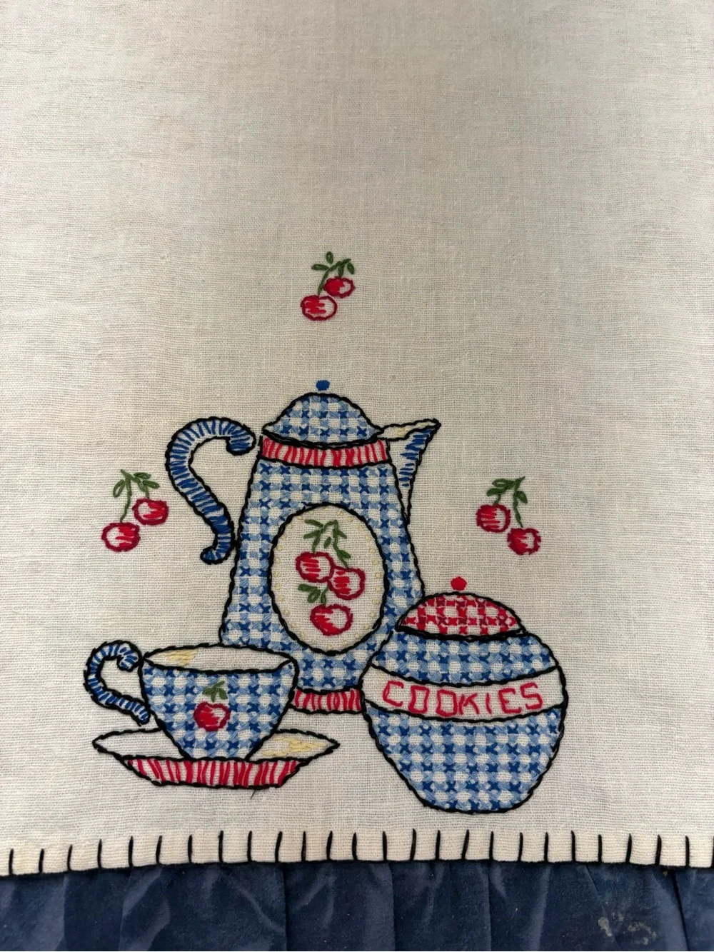3 vintage hand Embroidered Cotton Kitchen Towels- Blue, red, green cream towels